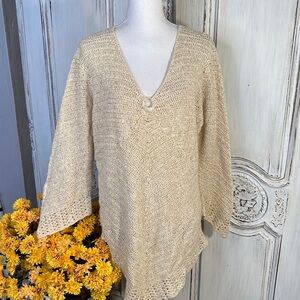 Roaman’s Beige and Metallic Knit V-Neck Long Line Sweater